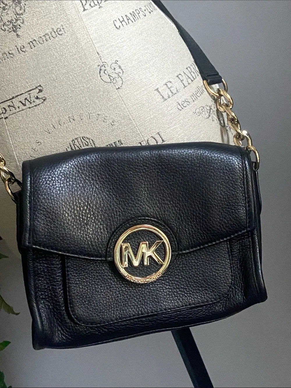 Michael Kors Black Leather Crossbody with Gold MK Emblem Purse Adj Strap